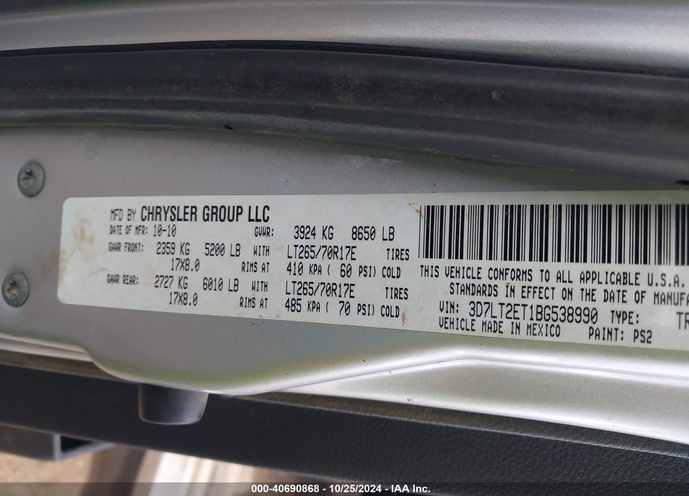 2011 RAM 2500 SLT VIN: 3D7LT2ET1BG538990