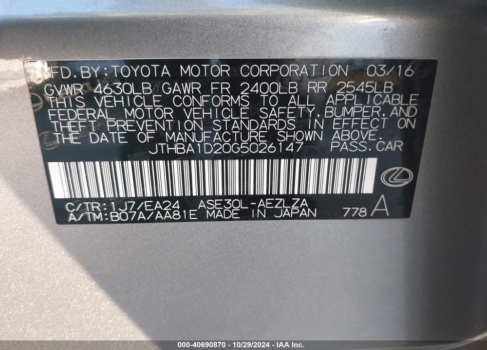 2016 LEXUS IS 200T VIN: JTHBA1D20G5026147
