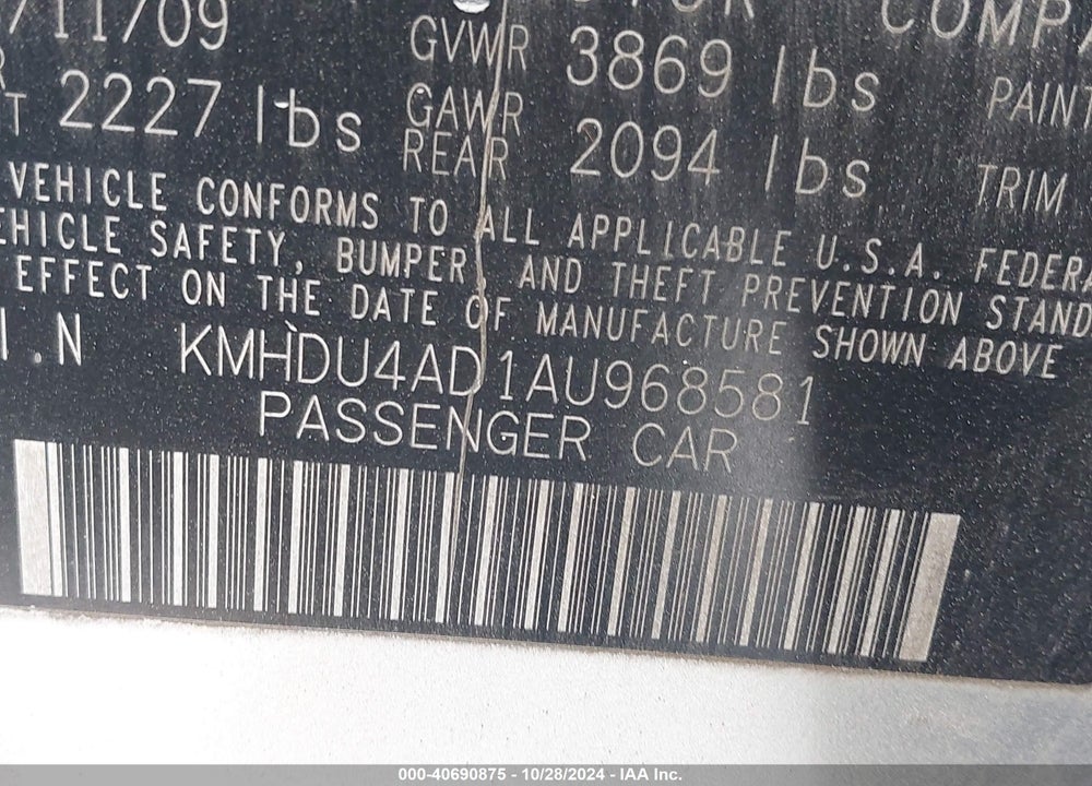 2010 HYUNDAI ELANTRA VIN: KMHDU4AD1AU968581