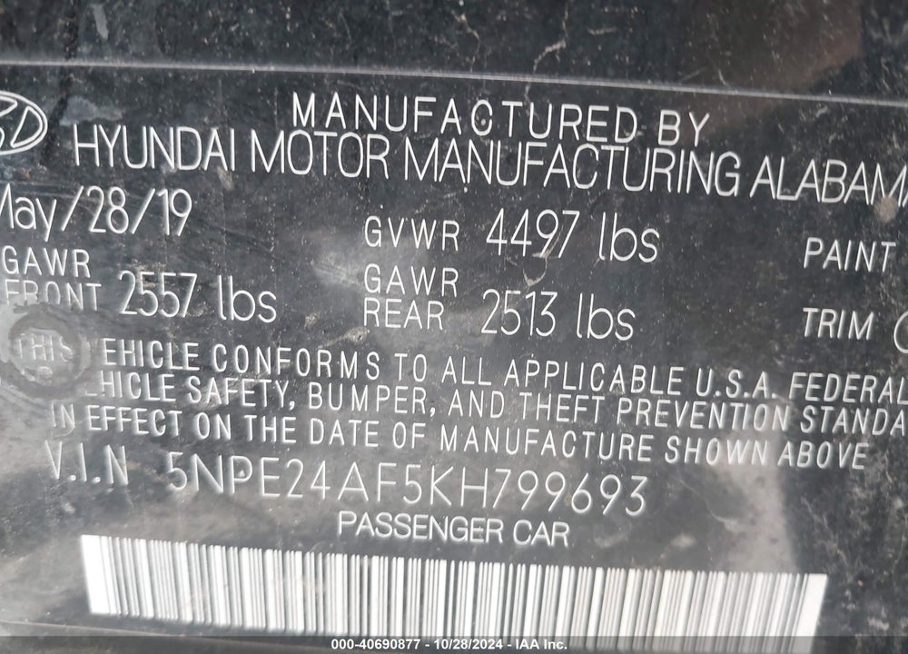 2019 HYUNDAI SONATA SE VIN: 5NPE24AF5KH799693