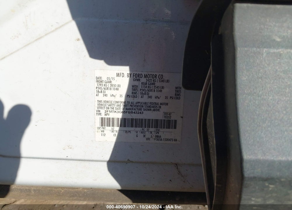 2015 FORD EDGE SE VIN: 2FMTK3G85FBB43243