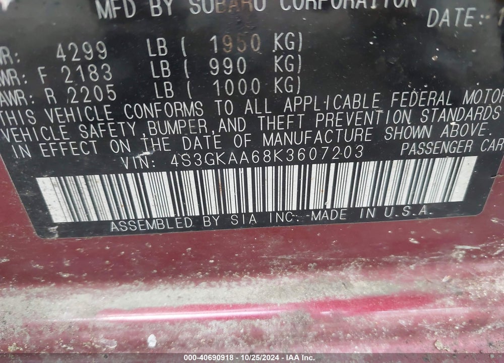 2019 SUBARU IMPREZA 2.0I VIN: 4S3GKAA68K3607203