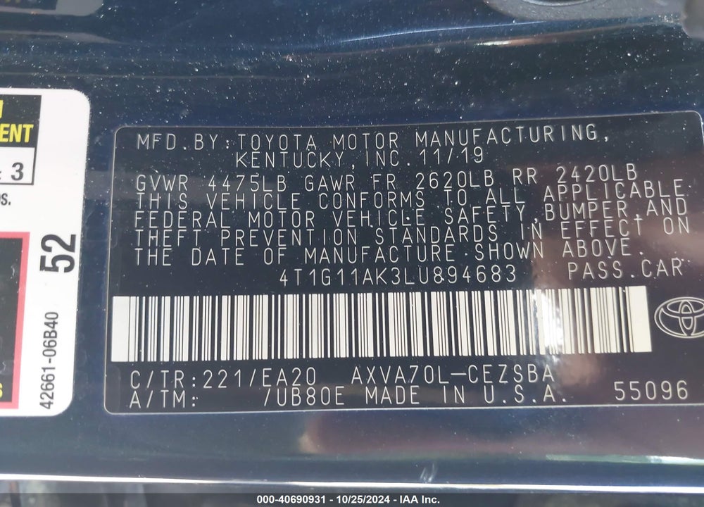 2020 TOYOTA CAMRY SE VIN: 4T1G11AK3LU894683