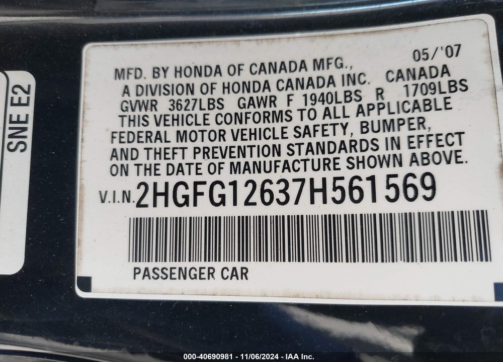 2007 HONDA CIVIC LX VIN: 2HGFG12637H561569