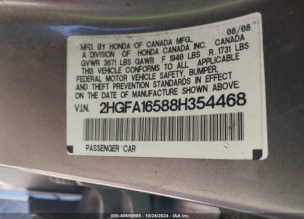 2008 HONDA CIVIC LX VIN: 2HGFA16588H354468