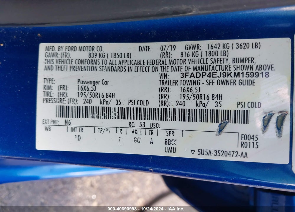2019 FORD FIESTA SE VIN: 3FADP4EJ9KM159918