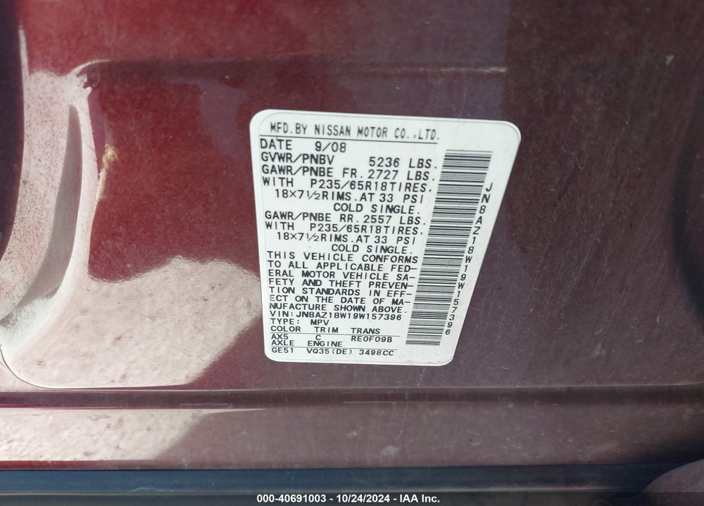 2009 NISSAN MURANO SL VIN: JN8AZ18W19W157396