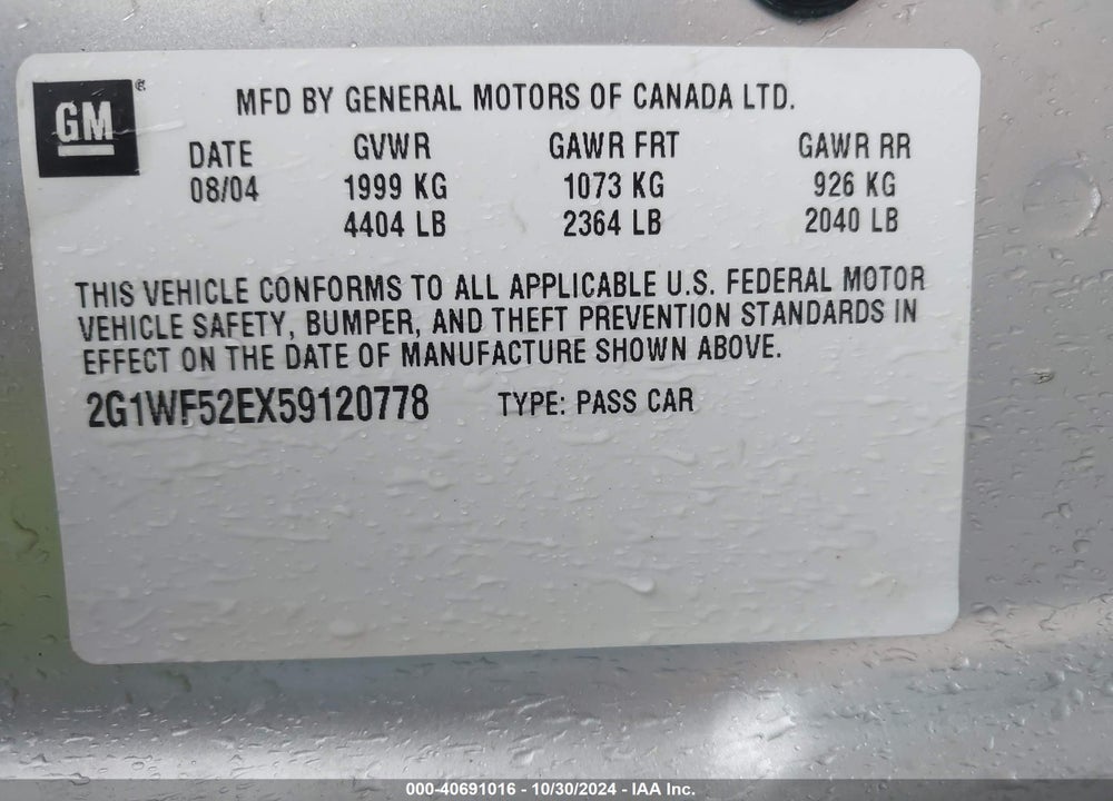 2005 CHEVROLET IMPALA VIN: 2G1WF52EX59120778