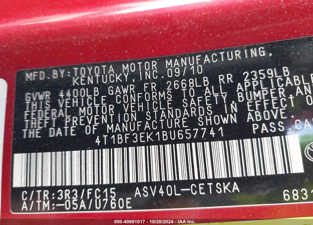 2011 TOYOTA CAMRY SE VIN: 4T1BF3EK1BU657741