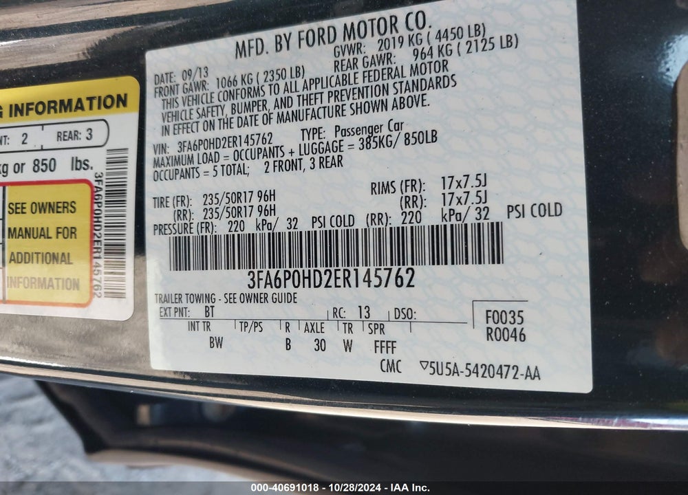2014 FORD FUSION SE VIN: 3FA6P0HD2ER145762
