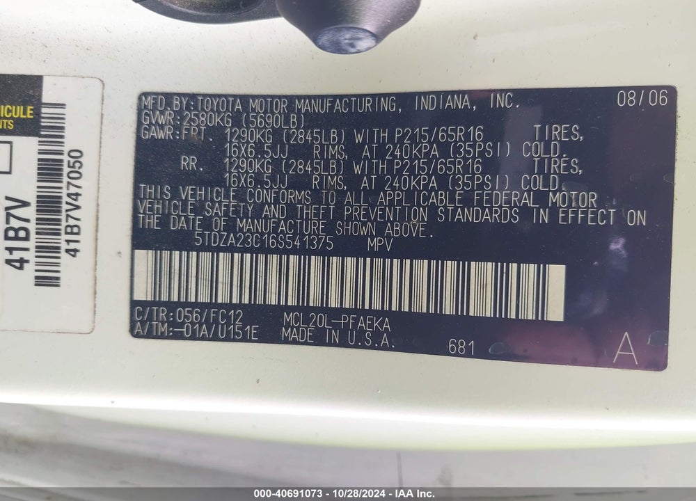 2006 TOYOTA SIENNA LE VIN: 5TDZA23C16S541375