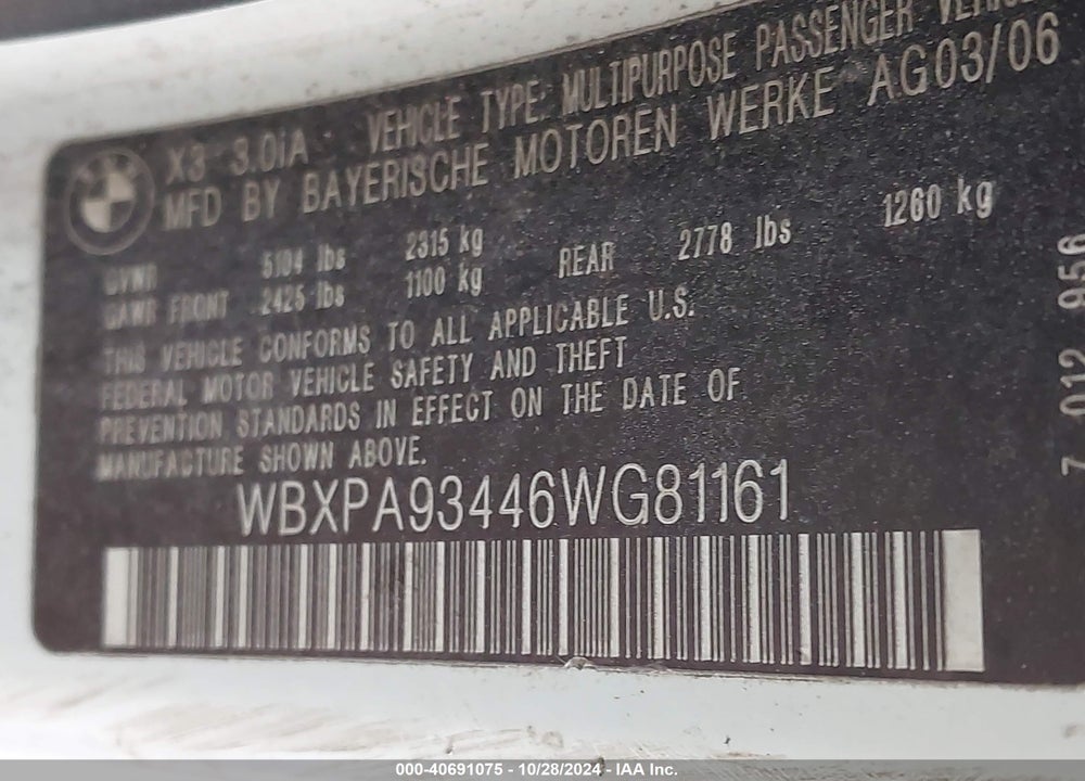 2006 BMW X3 3.0I VIN: WBXPA93446WG81161