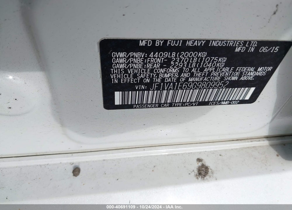 2016 SUBARU WRX PREMIUM VIN: JF1VA1E69G9809952