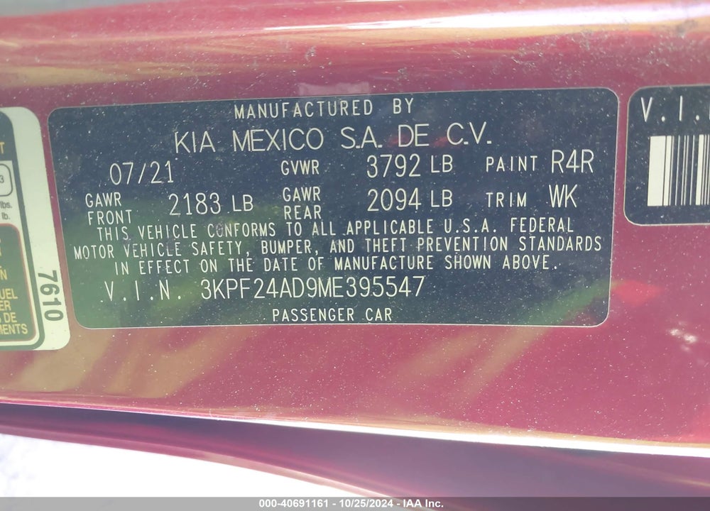 2021 KIA FORTE LXS VIN: 3KPF24AD9ME395547