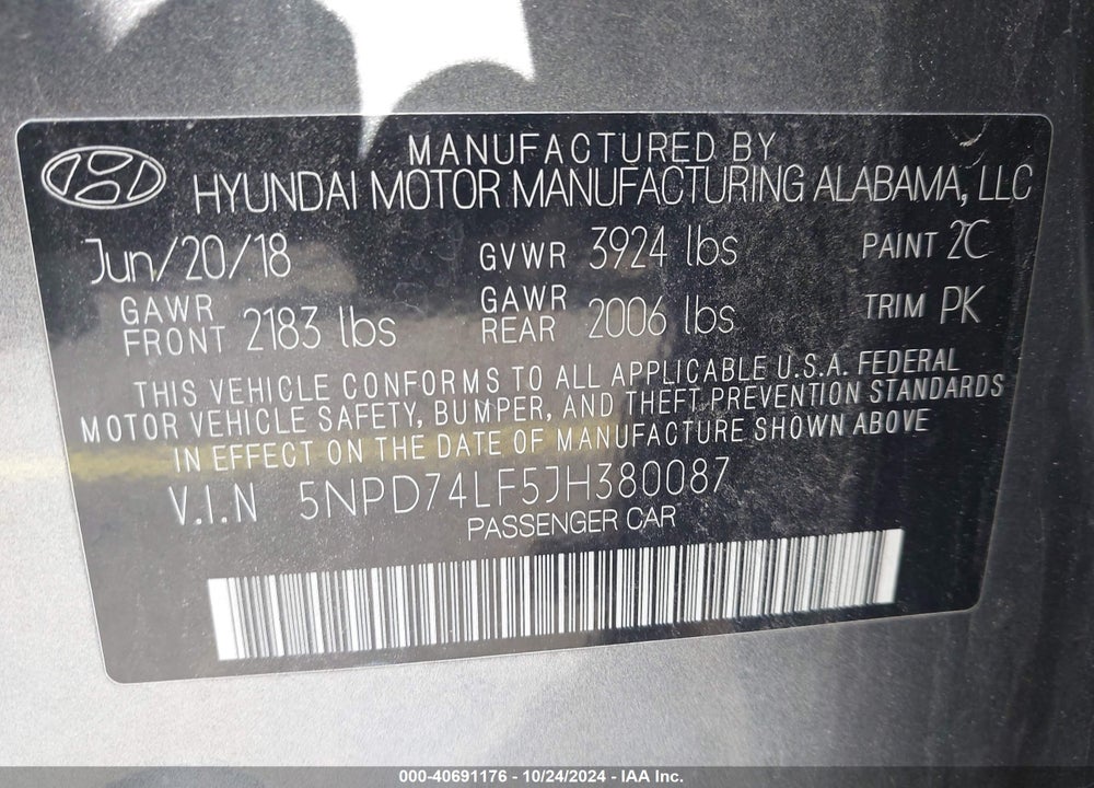 2018 HYUNDAI ELANTRA SE VIN: 5NPD74LF5JH380087