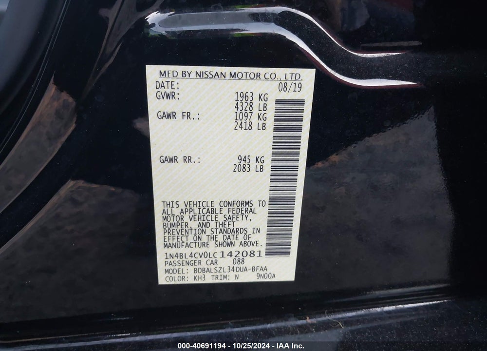 2020 NISSAN ALTIMA SR FWD VIN: 1N4BL4CV0LC142081