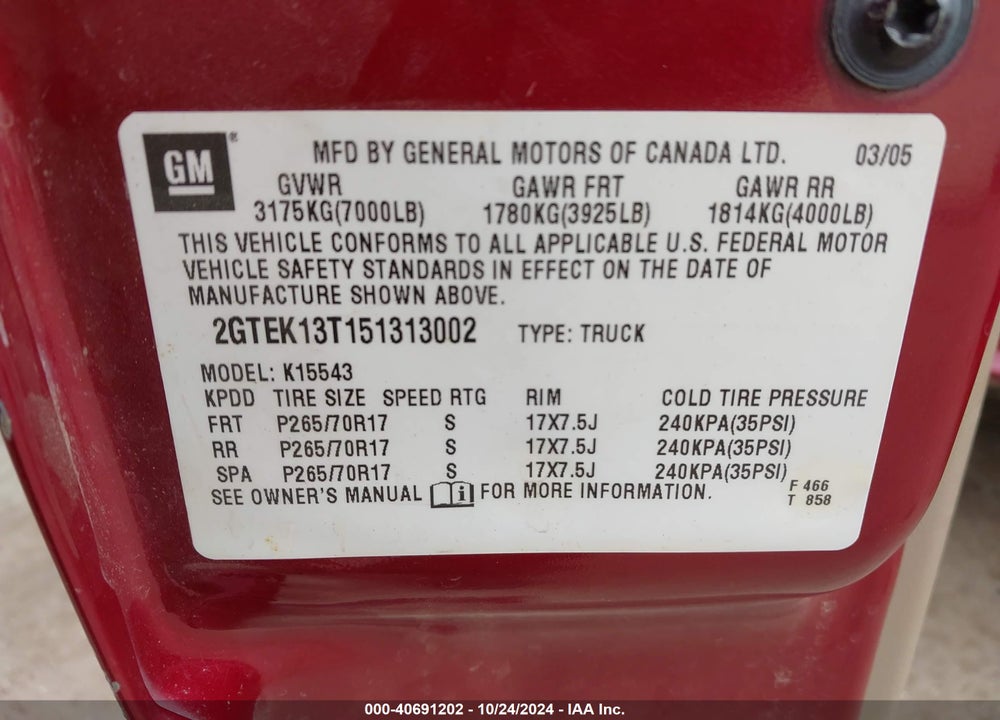 2005 GMC SIERRA 1500 SLT VIN: 2GTEK13T151313002
