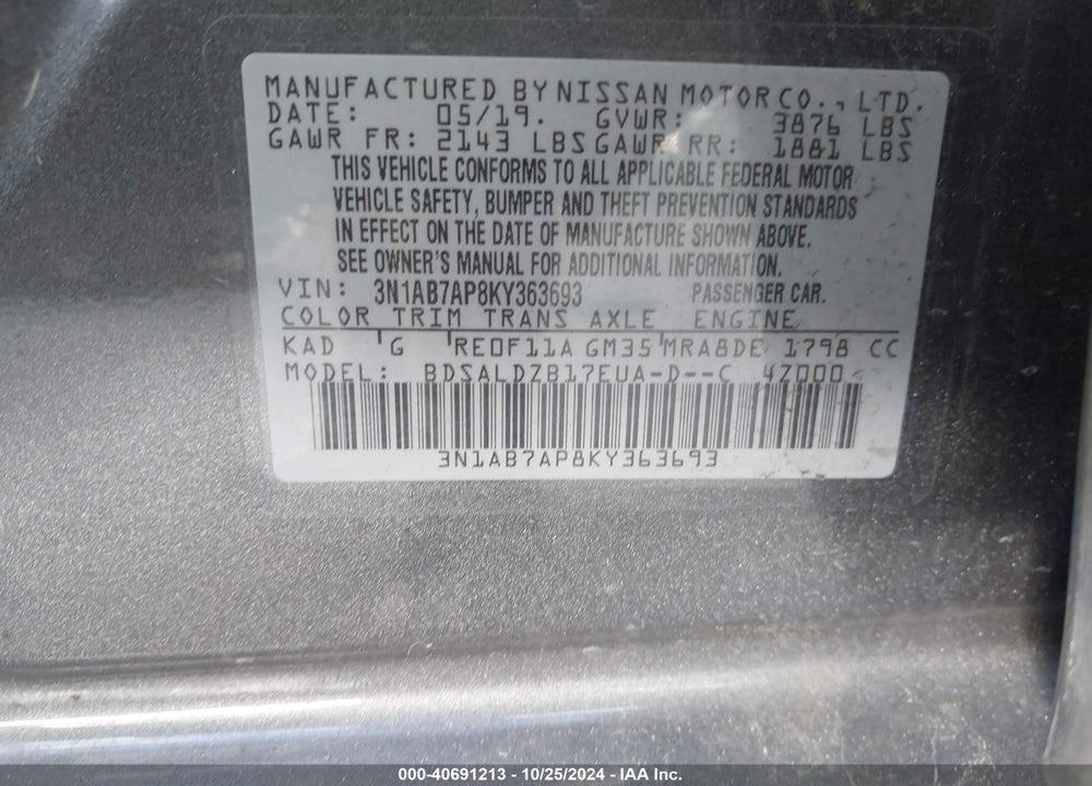 2019 NISSAN SENTRA SV VIN: 3N1AB7AP8KY363693