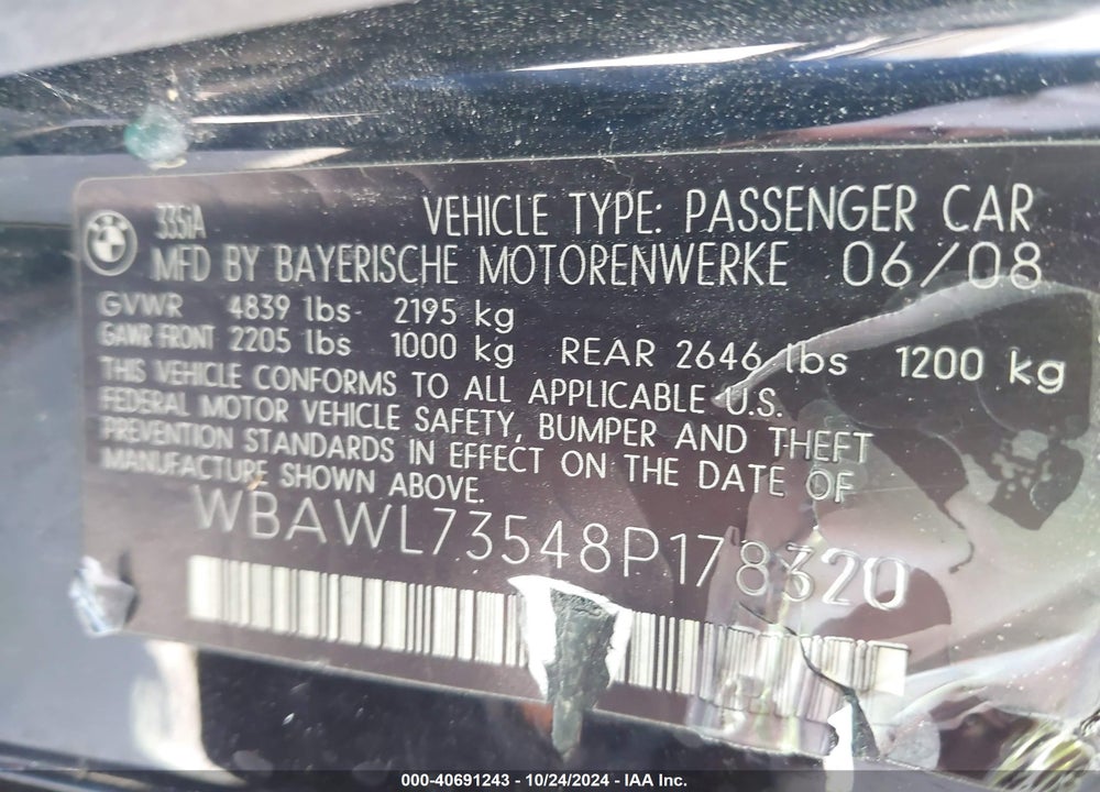 2008 BMW 335I VIN: WBAWL73548P178320