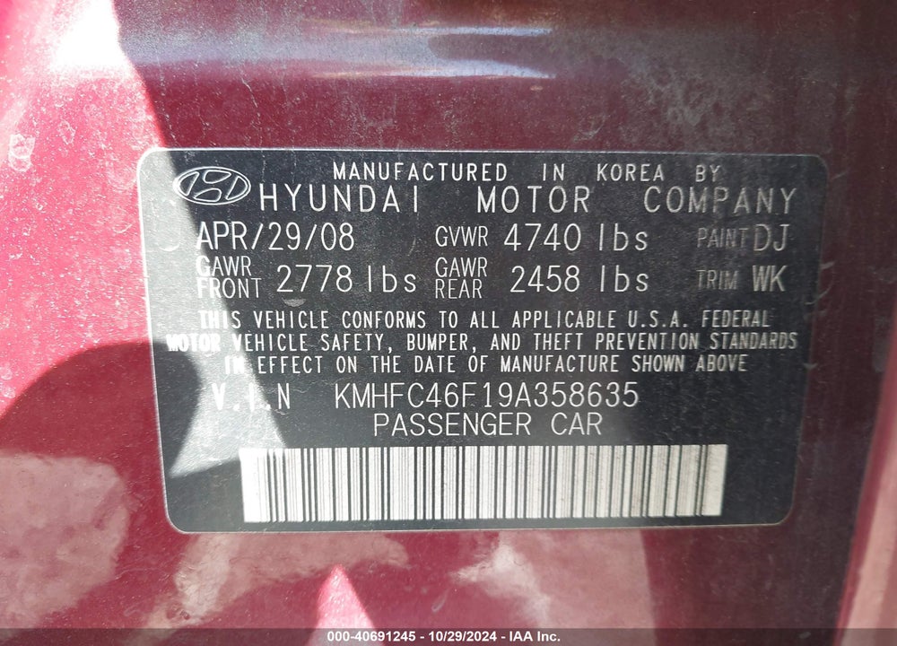 2009 HYUNDAI AZERA LIMITED VIN: KMHFC46F19A358635