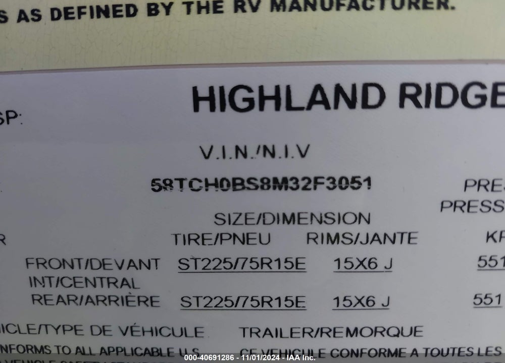 2021 HIGH MESA RIDGE VIN: 58TCH0BS8M32F3051