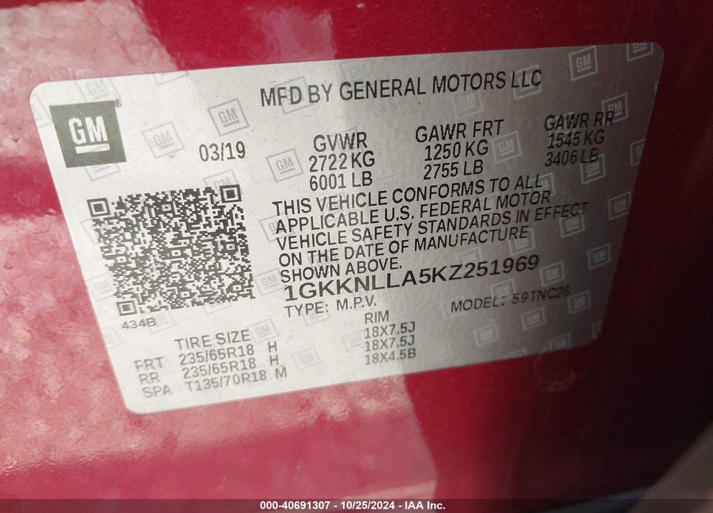 2019 GMC ACADIA SLE-2 VIN: 1GKKNLLA5KZ251969