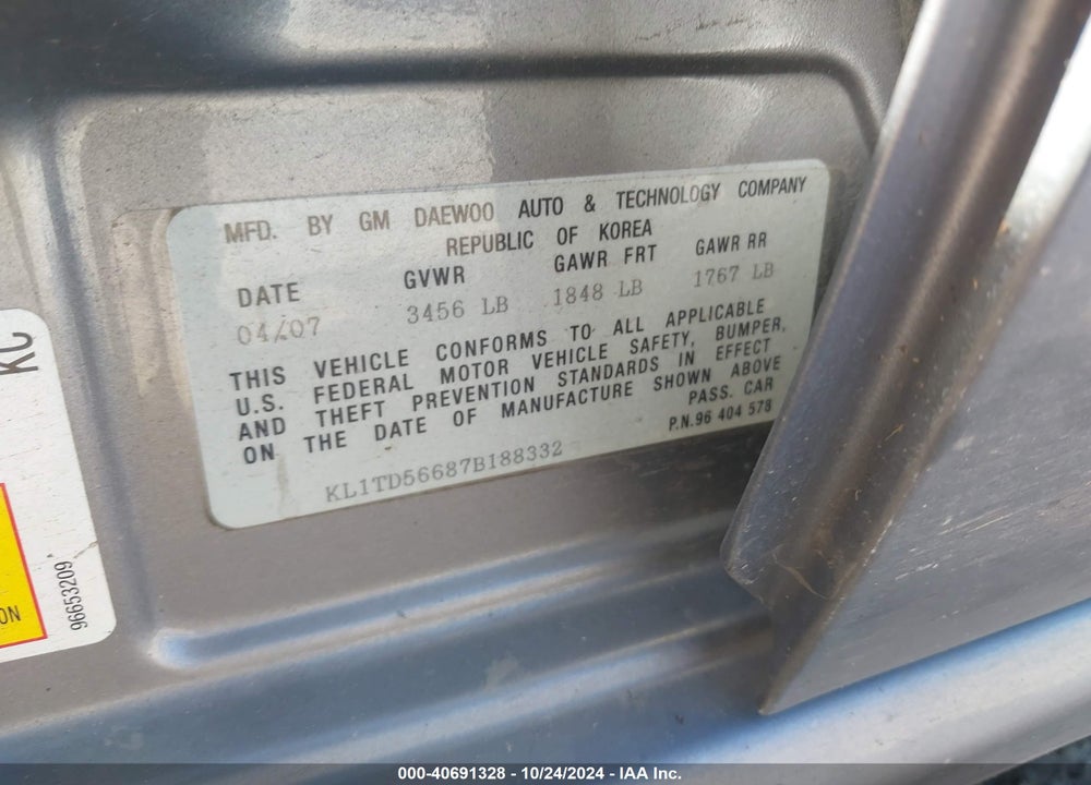 2007 CHEVROLET AVEO LS VIN: KL1TD56687B188332
