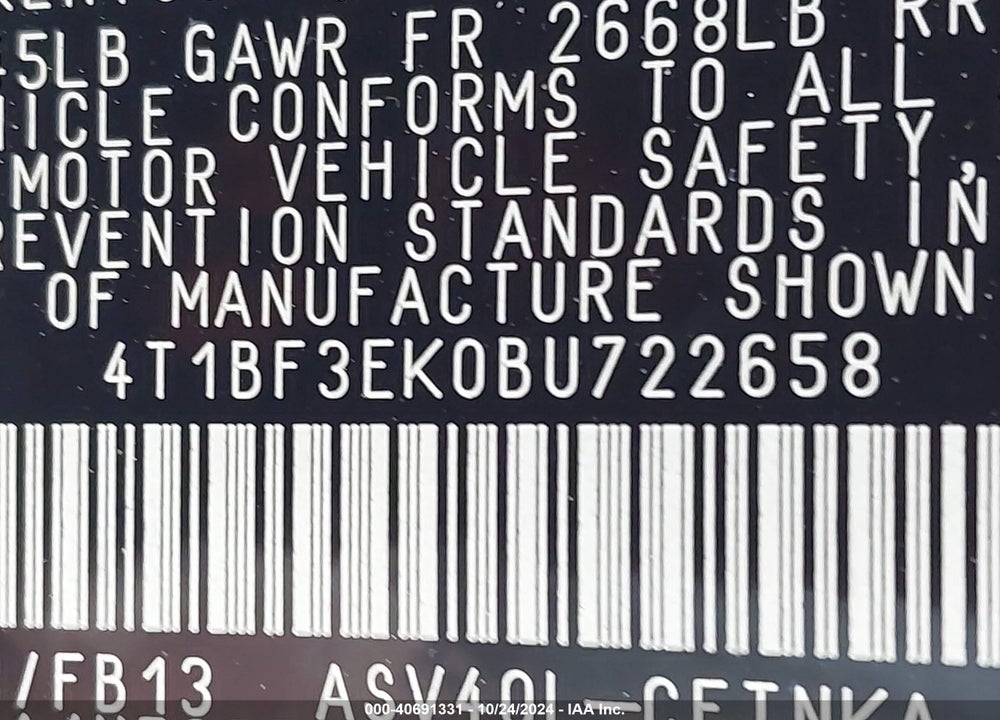 2011 TOYOTA CAMRY LE VIN: 4T1BF3EK0BU722658