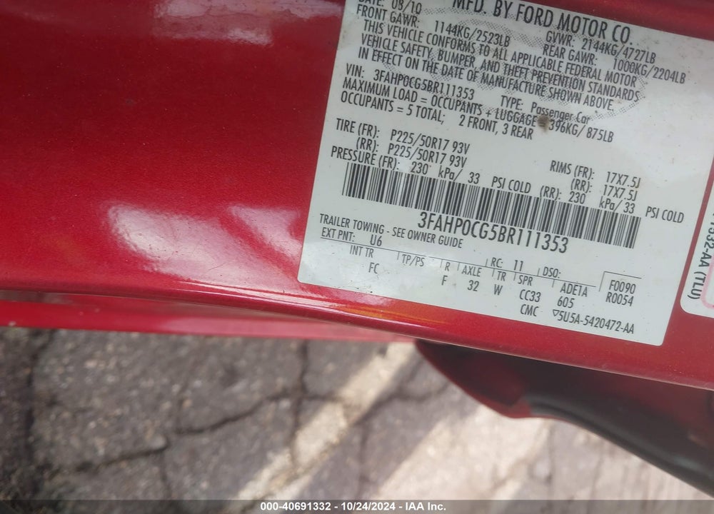 2011 FORD FUSION SEL VIN: 3FAHP0CG5BR111353