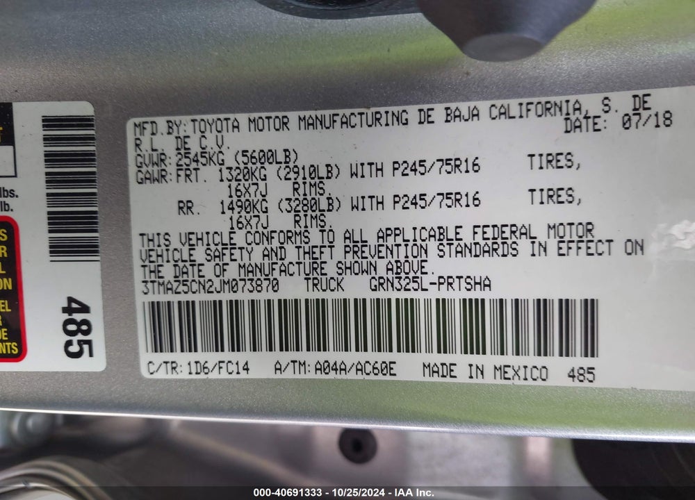 2018 TOYOTA TACOMA SR5 V6 VIN: 3TMAZ5CN2JM073870
