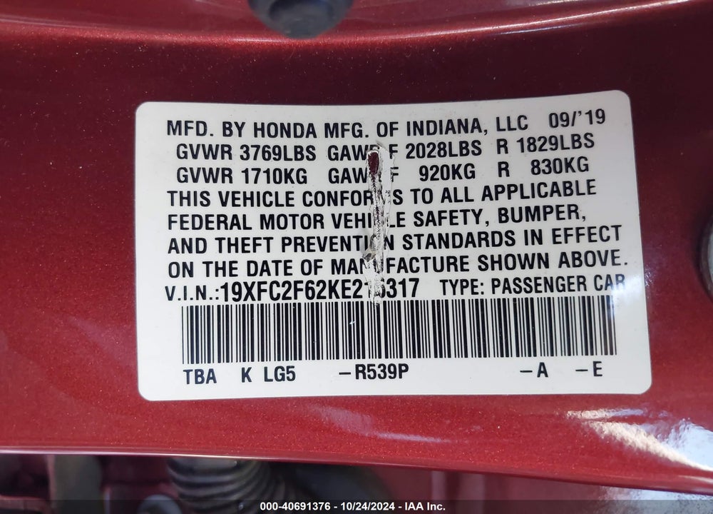 2019 HONDA CIVIC LX VIN: 19XFC2F62KE215317