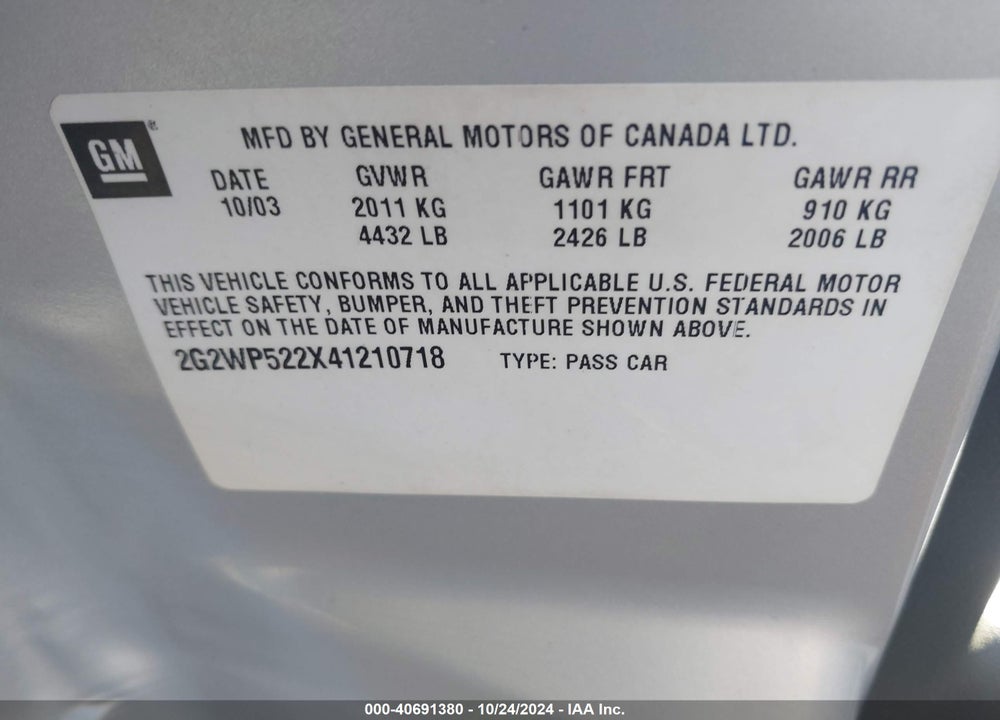 2004 PONTIAC GRAND PRIX GT1 VIN: 2G2WP522X41210718