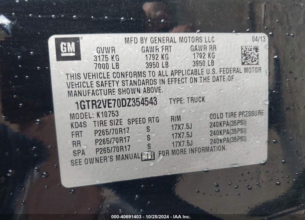 2013 GMC SIERRA 1500 SLE VIN: 1GTR2VE70DZ354543