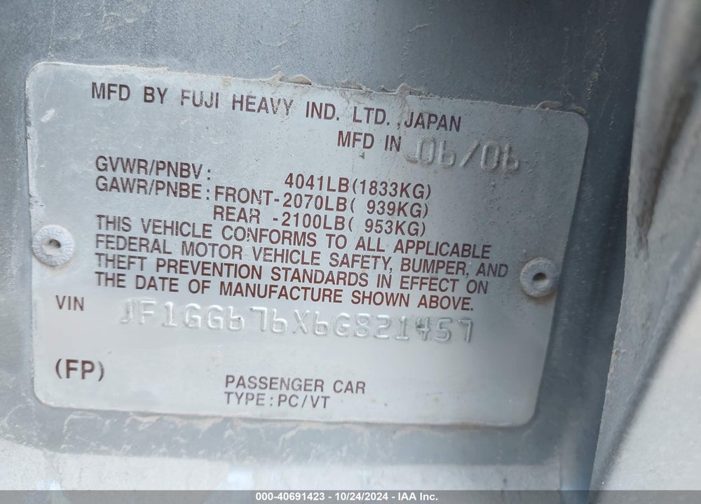 2006 SUBARU IMPREZA 2.5I VIN: JF1GG676X6G821457