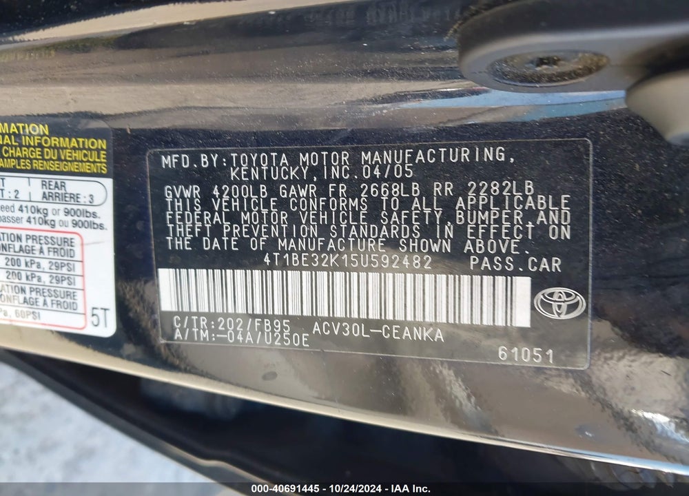 2005 TOYOTA CAMRY STD/ VIN: 4T1BE32K15U592482