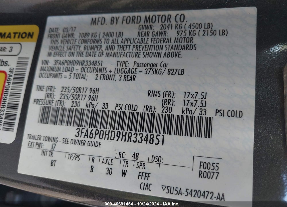 2017 FORD FUSION SE VIN: 3FA6P0HD9HR334851