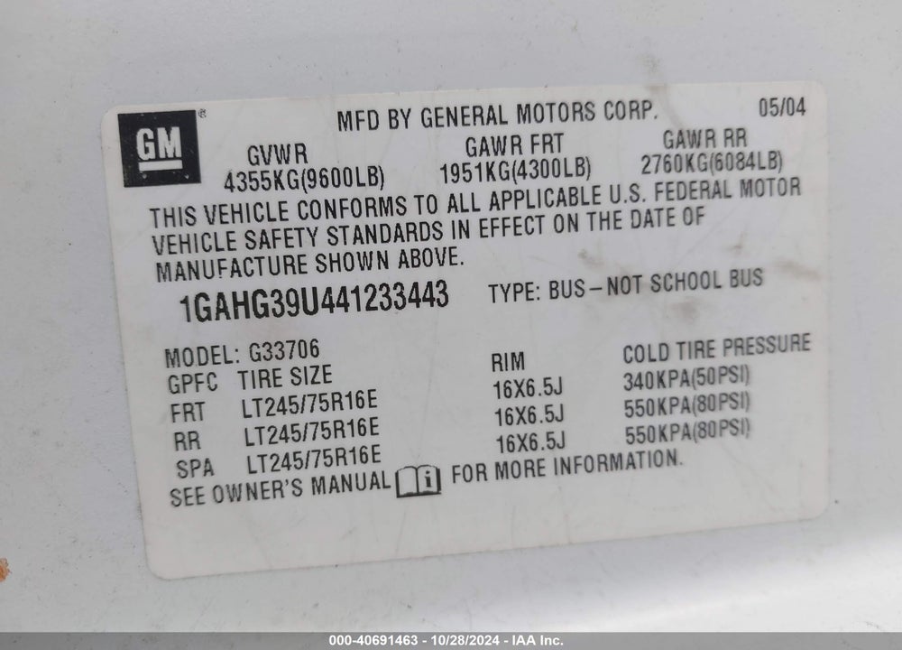 2004 CHEVROLET EXPRESS VIN: 1GAHG39U441233443