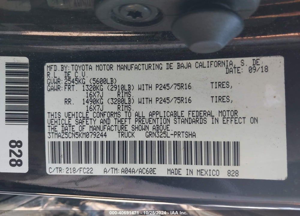 2019 TOYOTA TACOMA SR5 V6 VIN: 3TMAZ5CN5KM079244