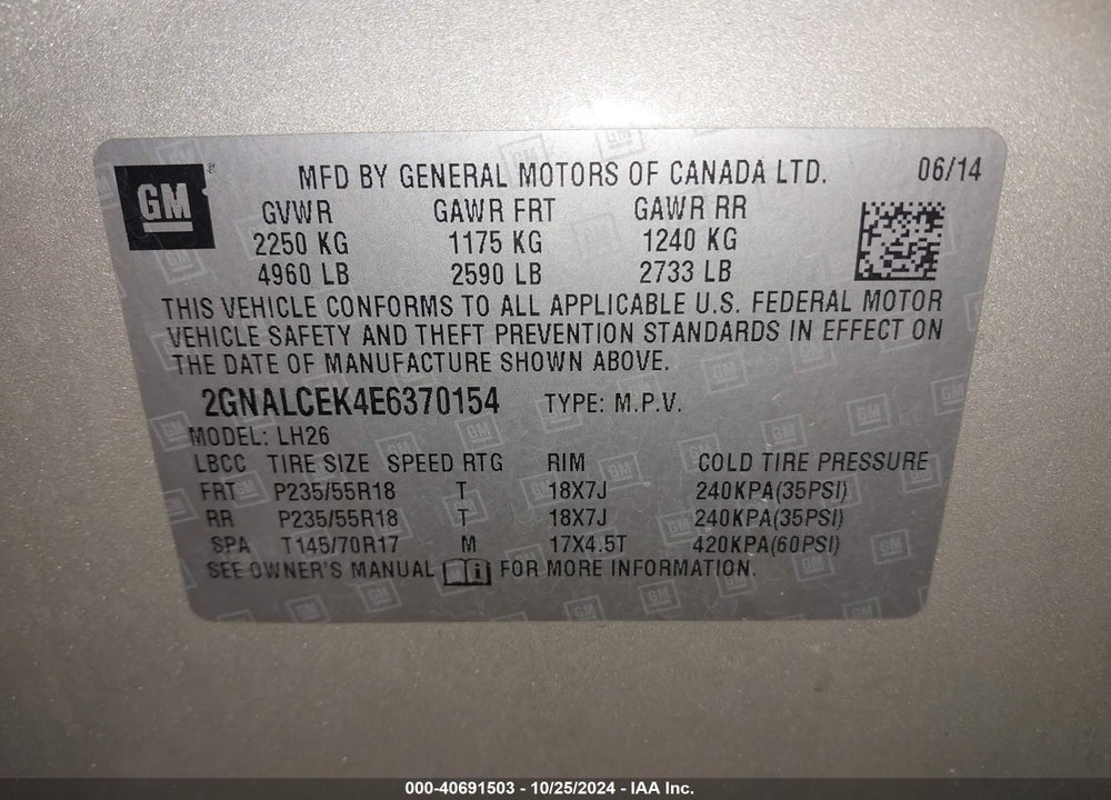 2014 CHEVROLET EQUINOX 2LT VIN: 2GNALCEK4E6370154