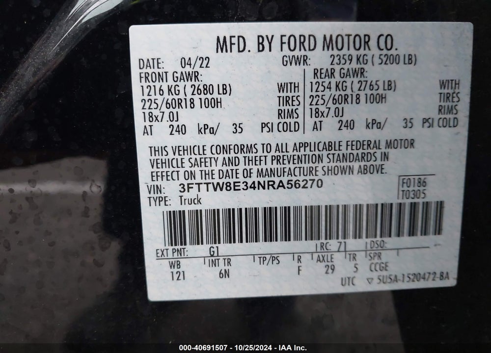 2022 FORD MAVERICK LARIAT VIN: 3FTTW8E34NRA56270