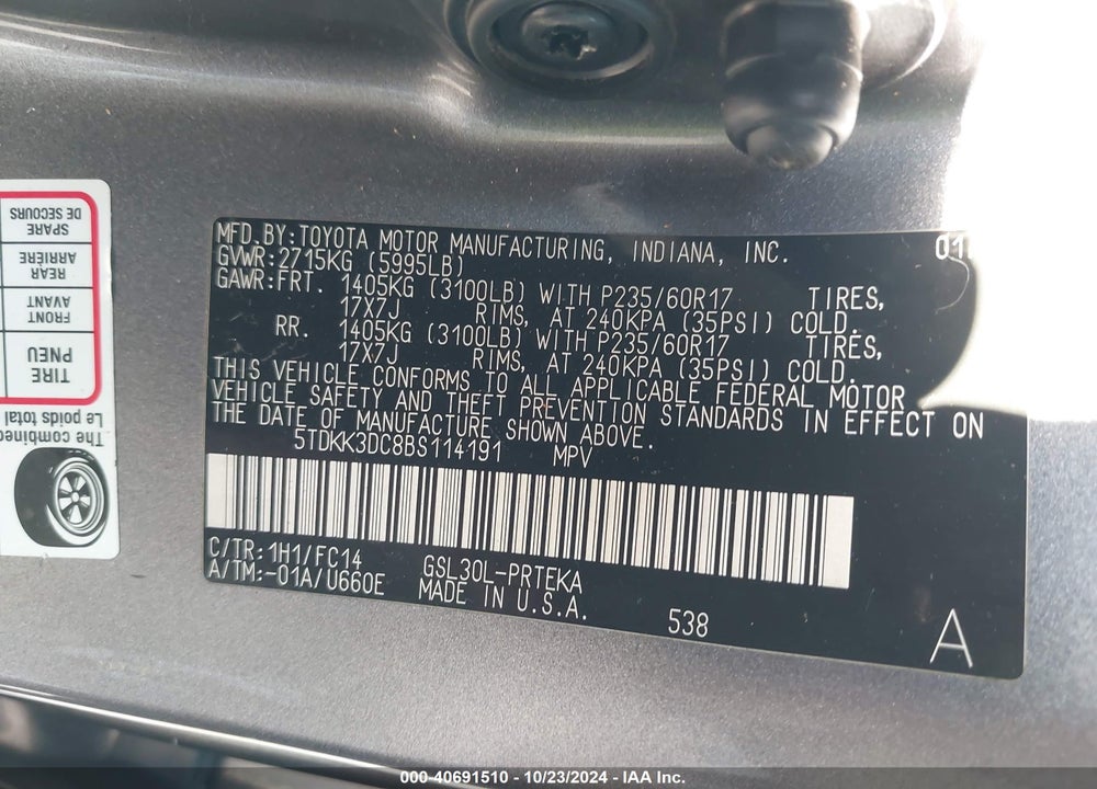 2011 TOYOTA SIENNA LE V6 VIN: 5TDKK3DC8BS114191