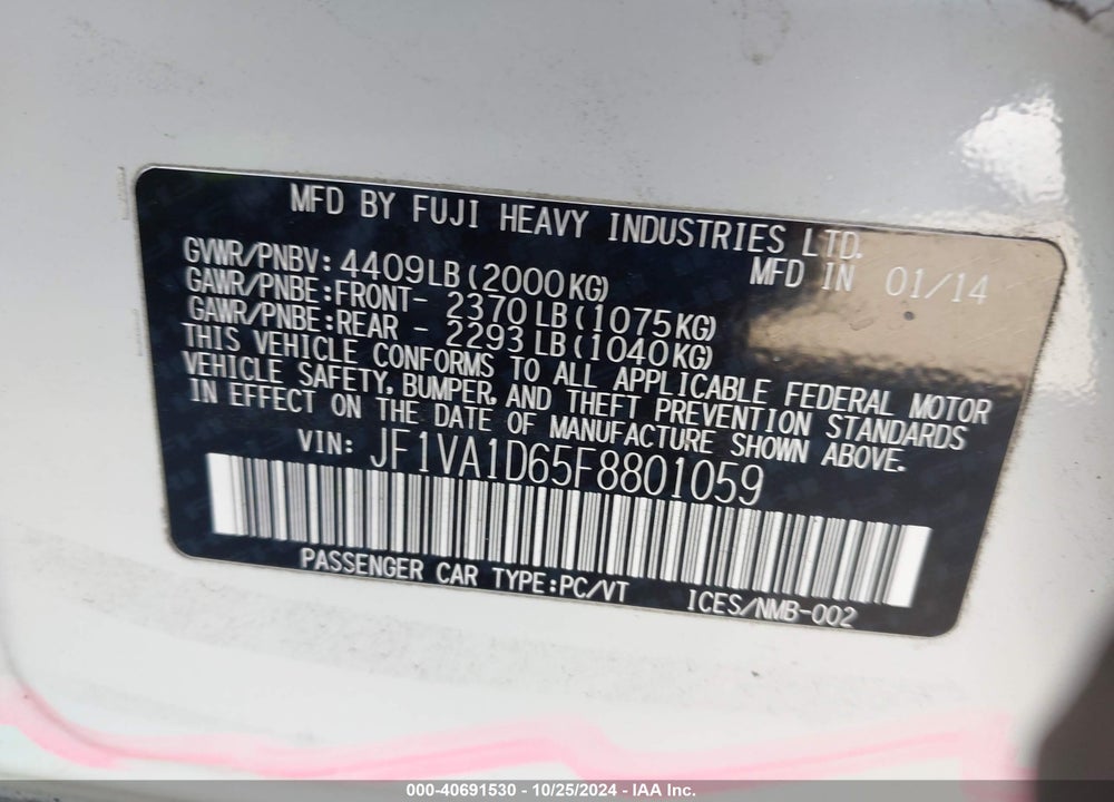 2015 SUBARU WRX PREMIUM VIN: JF1VA1D65F8801059