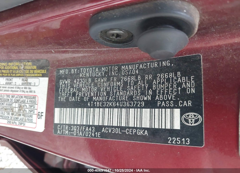 2004 TOYOTA CAMRY XLE VIN: 4T1BE32K64U363729