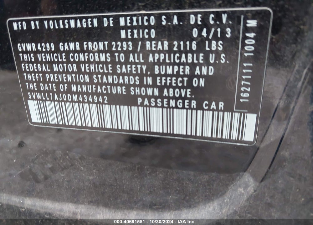 2013 VOLKSWAGEN JETTA 2.0L TDI VIN: 3VWLL7AJ0DM434942