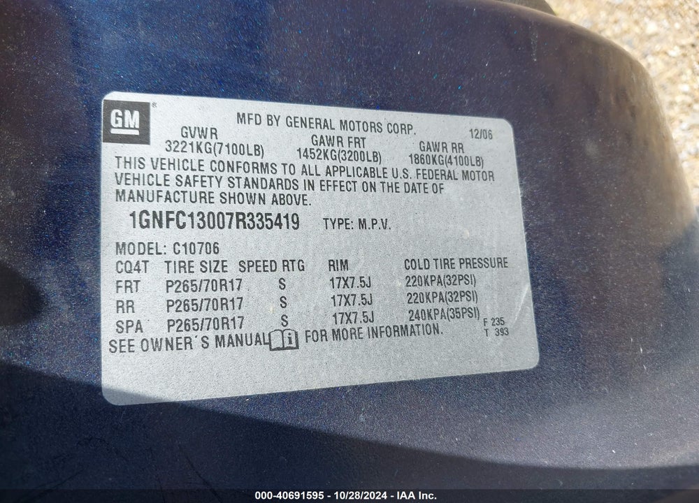 2007 CHEVROLET TAHOE LT VIN: 1GNFC13007R335419
