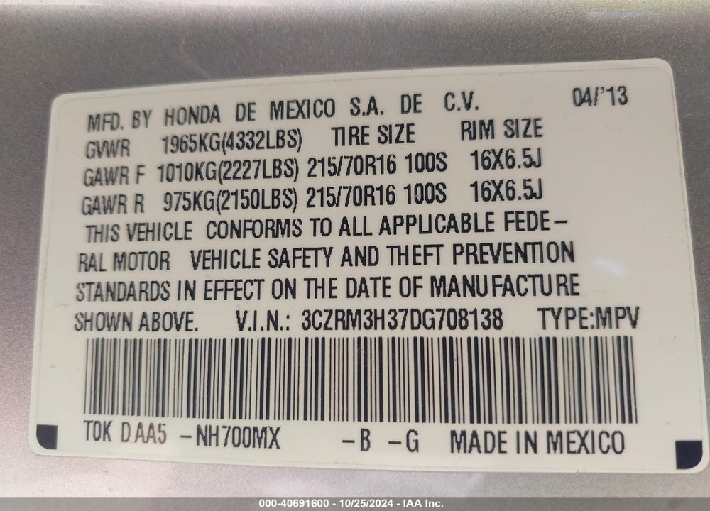 2013 HONDA CR-V LX VIN: 3CZRM3H37DG708138