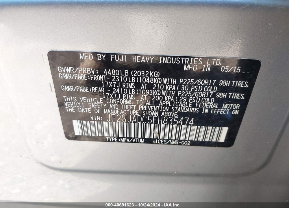 2015 SUBARU FORESTER 2.5I PREMIUM VIN: JF2SJADC5FH835474