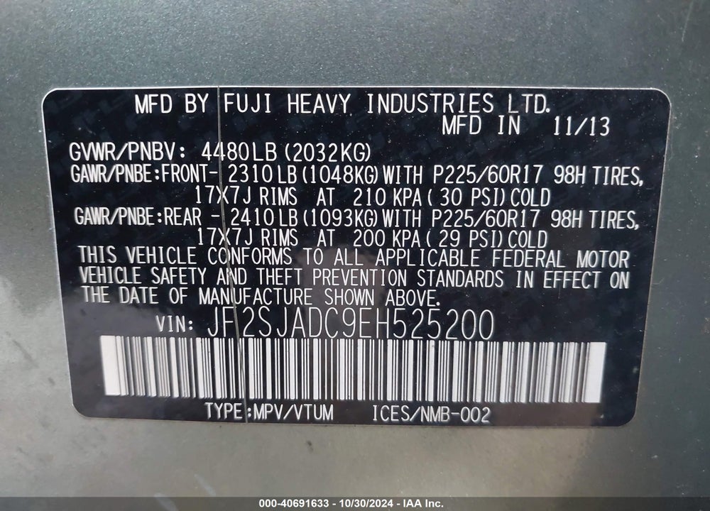 2014 SUBARU FORESTER 2.5I PREMIUM VIN: JF2SJADC9EH525200