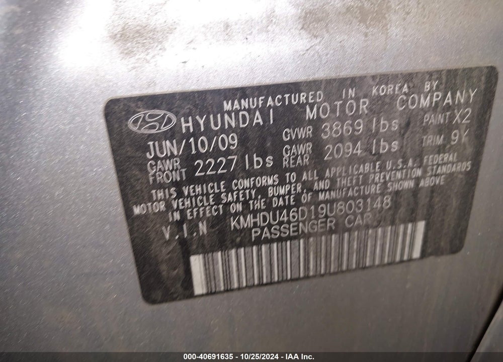 2009 HYUNDAI ELANTRA GLS VIN: KMHDU46D19U803148