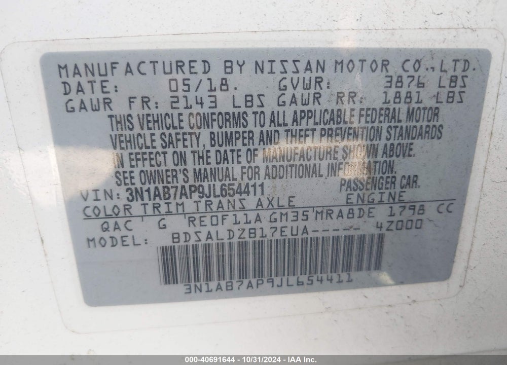 2018 NISSAN SENTRA SV VIN: 3N1AB7AP9JL654411